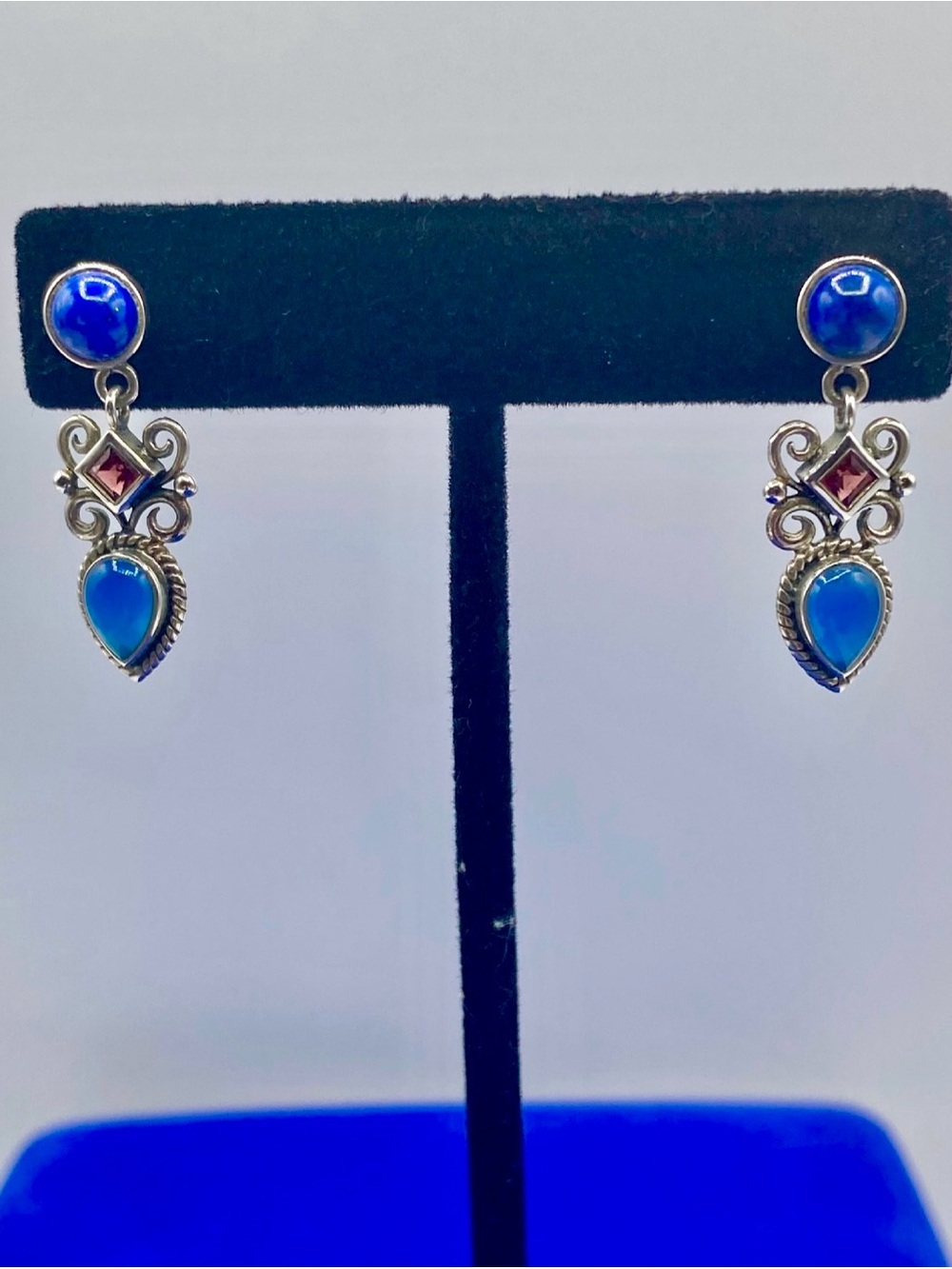 Sterling Silver LT Lapis Chalcedony & Garnet Earrings